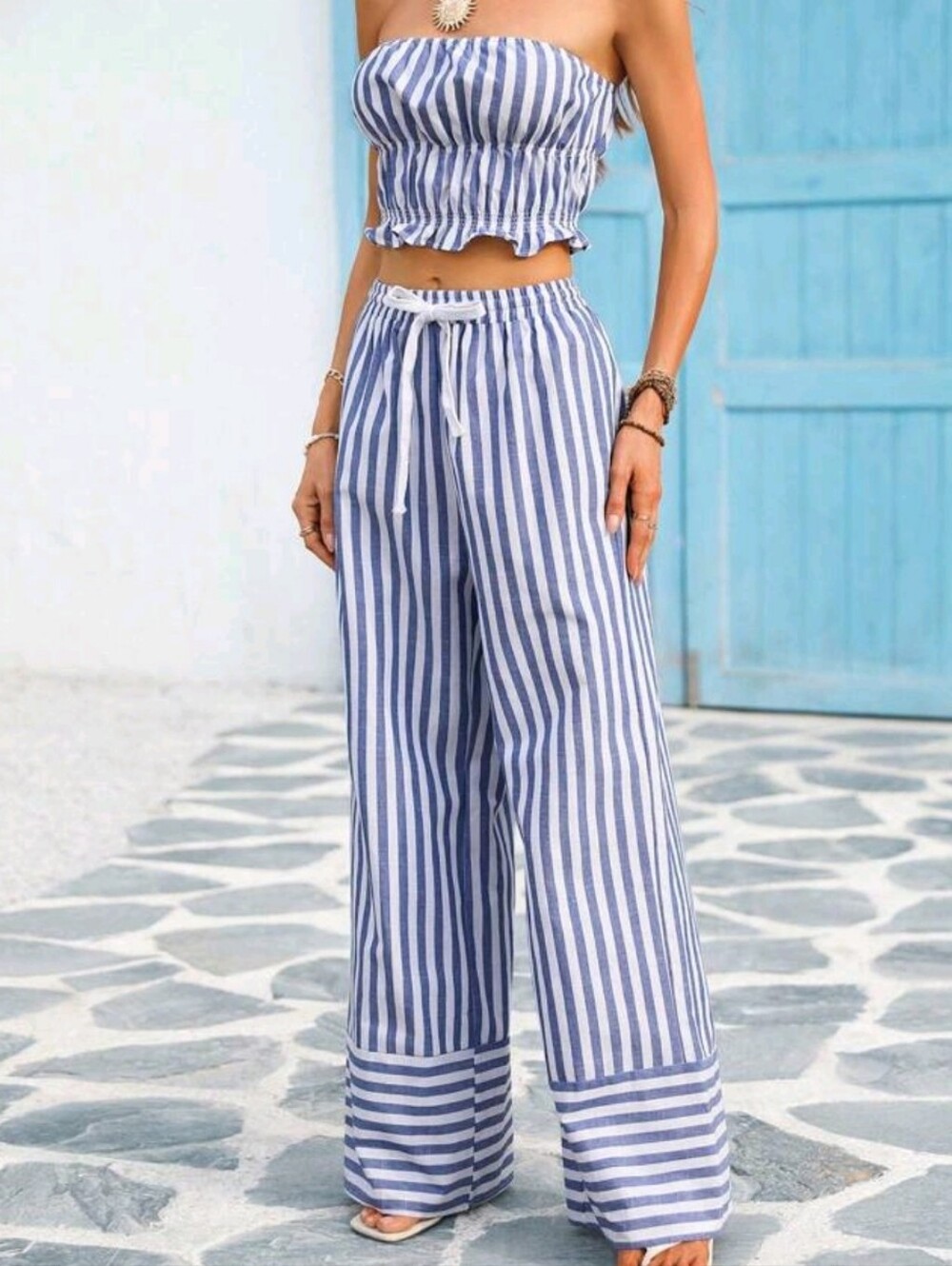Striped Blue & White Wide-Leg Pants Set - Picture 5 of 8